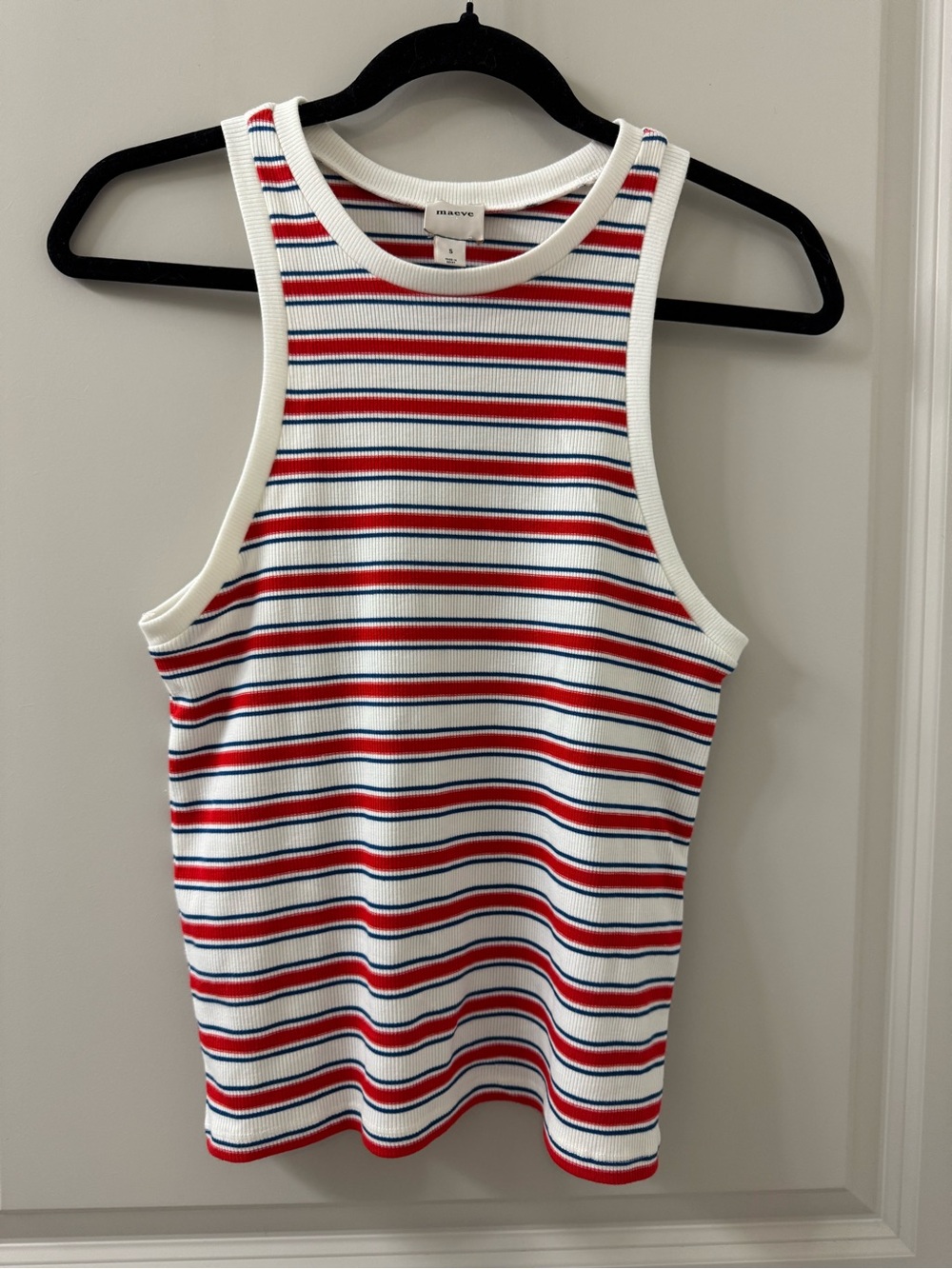Maeve Anthropologie Ribbed Striped Tank Top White Red Blue Racerback Size Small
